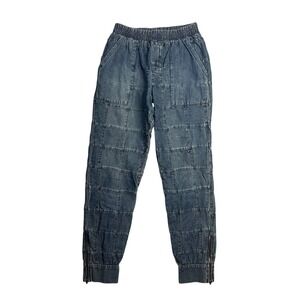 AMADI Anthropologie Patchwork Denim Jogger Pants Sz XS Pull On Zipper Ankle Boho